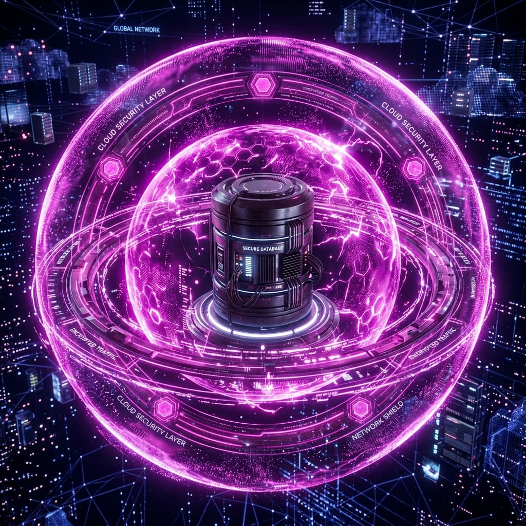 Concentric rings of magenta light shielding a database core